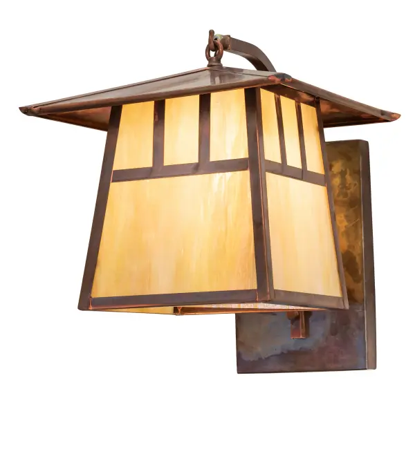 The Double Bar Mission has a pair Arts and Crafts style crossed bars that accent this handsome American Craftsman lantern style curved arm wall sconce. The fixture; handcrafted in the USA by Meyda artisans; is finished in Vintage Copper and has Iridized Beige glass panels.