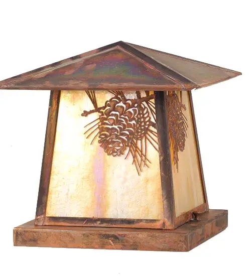 Pine Cone laden branches accent this handsome American Craftsman lantern style pier mount. The fixture; handcrafted in the USA by Meyda artisans; is finished in Vintage Copper and has Iridized Beige glass panels.
