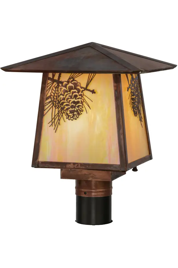 With pinecones and pine needles delicately etched of Solid Brass; this compelling design represents the iconic symbol of spiritual enlightenment and eternal life. Rustic charm comes alive with soft warm ambient light through stunning Beige Iridescent art glass enhanced by Vintage Copper finished hardware on this nature inspired fixture. Ideal for both exterior and interior lighting applications. Handcrafted by Meyda artisans in our manufacturing facility at the foothills of the Adirondack Mountains.