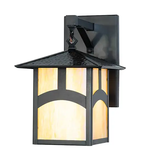 An Arts and Crafts Hill Top arched bar accents this handsome American Craftsman lantern style straight arm wall sconce. The fixture, handcrafted in the USA by Meyda artisans, is finished in Craftsman Brown and has Iridized Beige glass panels. Collection: Seneca Finish: Craftsman Brown Glass: Beige Iridescent Glass Width: 9.00" Height: 13.50" Length: 13.00" Weight: 7.00 lb Number of Bulbs: 1 Maximum Wattage: 60.00 W Bulb Type: A19 Bulb Base: E26 Material: Brass Country of Origin: USA Safety Rating: Wet - alternate view