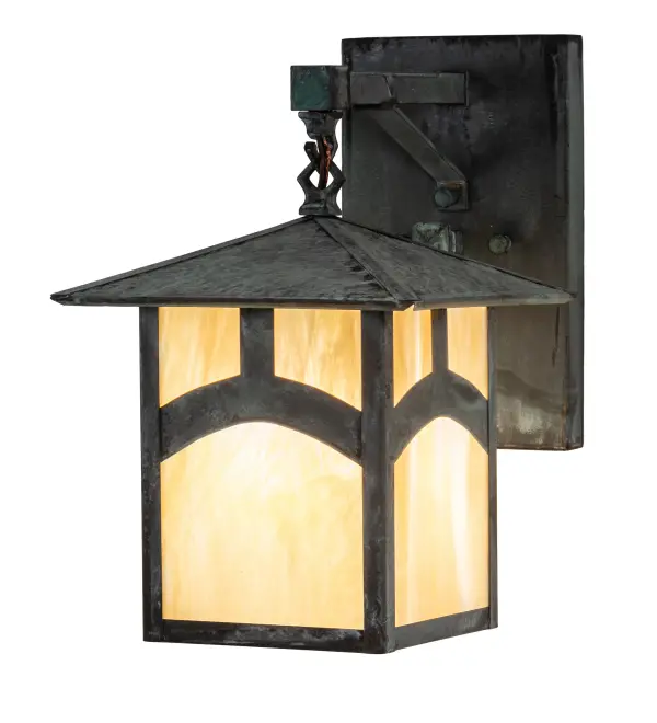 An Arts and Crafts Hill Top arched bar accents this handsome American Craftsman lantern style straight arm wall sconce. The fixture; handcrafted in the USA by Meyda artisans; is finished in Verdigris and has Iridized Beige glass panels.