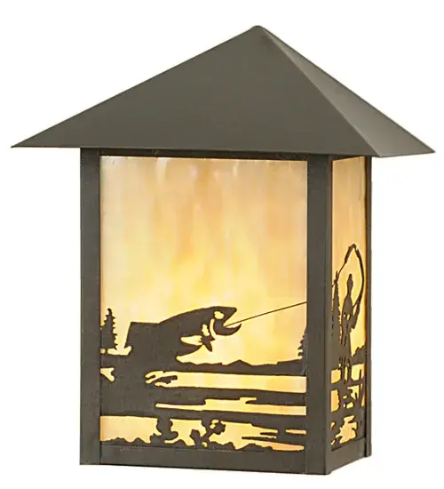 A Fly Fisherman landing his catch is depicted on this handsome American Craftsman lantern style wall sconce. The fixture; handcrafted in the USA by Meyda artisans; is finished in Craftsman Brown and has Beige glass panels.