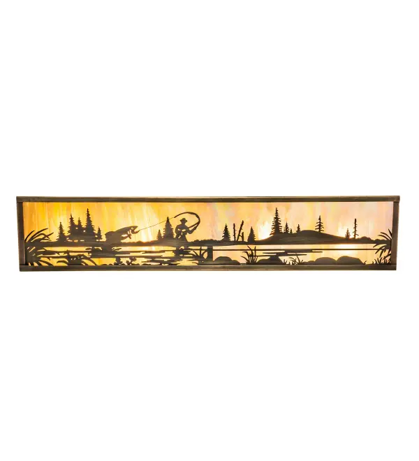 The material is Brass and Glass. The finish is Antique Brass. The diffuser is Beige Iridescent Glass. Collection: Fly Fisherman Finish: Antique Brass Glass: Beige Iridescent Glass Width: 31.00" Height: 6.00" Length: 5.00" Weight: 8.00 lb Extension from Wall: 5.00" Number of Bulbs: 4 Maximum Wattage: 60.00 W Bulb Type: A19 Bulb Base: E26 Material: Brass Country of Origin: USA Safety Rating: Damp