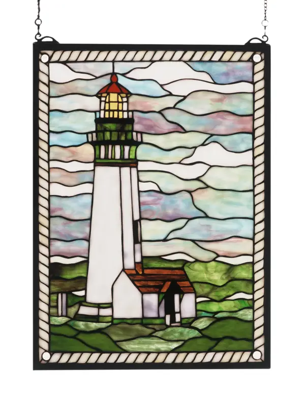 Meyda Tiffany's original Yaquina Head Lighthouse Window is a tribute to Oregon's tallest and second oldest continuously operating lighthouse. A rope pattern frames the Scarlet roofed White and Green building on rolling Green grass and cloud filled Wispy Blue sky. Handcrafted utilizing the copperfoil construction process and 270 pieces of stained art glass encased in a solid brass frame. Mounting bracket and jack chain included.