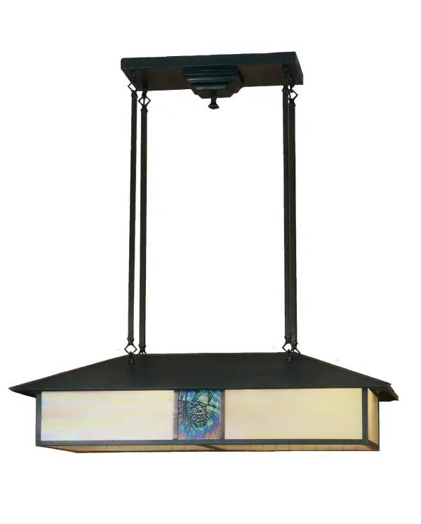 Pine Cone laden branches accent this handsome American Craftsman billiard pendant. The fixture; handcrafted in the USA by Meyda artisans; is finished in Craftsman Brown and has Beige and Emerald Iridized art glass panels.