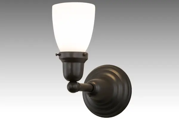 Capturing an era of style and charm from days gone by, Oyster Bay features a Goblet styled shade in Opal White blown-glass that is perched upon Solid Brass hardware. The fitting, arm and backplate are designed and crafted with the exact details of old world craftsmanship. Custom crafted in in Upstate New York, this American Revival fixture is designed with a handsome Craftsman Brown finish. The fixture is ideal for interiors and covered porch lighting applications. Custom sizes, styles and colors are available, as well as dimmable energy efficient lamping options. Collection: Revival Oyster Bay Finish: Craftsman Brown Glass: White Opal Glass Width: 5.50" Height: 10.00" Length: 9.00" Weight: 2.00 lb Extension from Wall: 9.00" Number of Bulbs: 1 Maximum Wattage: 60.00 W Bulb Type: CA10 Bulb Base: E26 Material: Brass Country of Origin: USA Safety Listing: Damp Safety Rating: Damp