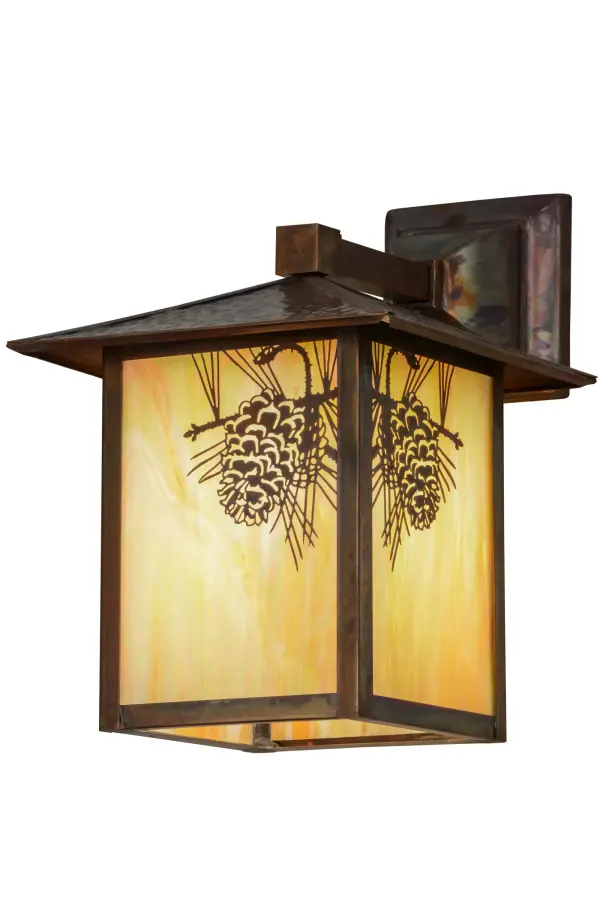 Delicately etched of Solid Brass, Pinecones are featured on stunning featured stunning Beige Iridescent art glass. Pinecones serve as a symbolic representation of a gland in our brain that is linked to our perception of light. Rustic charm comes alive with soft warm ambient light with this nature inspired fixture, which is enhanced by Vintage Copper finished hardware. Ideal for both exterior and interior lighting applications, this fixture is handcrafted by Meyda artisans in our manufacturing facility at the foothills of the Adirondack Mountains. Collection: Seneca Finish: Vintage Copper Glass: Beige Iridescent Glass Width: 9.00" Height: 12.00" Length: 12.50" Weight: 5.00 lb Extension from Wall: 12.50" Number of Bulbs: 1 Maximum Wattage: 60.00 W Bulb Type: A19 Bulb Base: Medium Material: Brass Country of Origin: USA Safety Listing: Wet Safety Rating: Wet