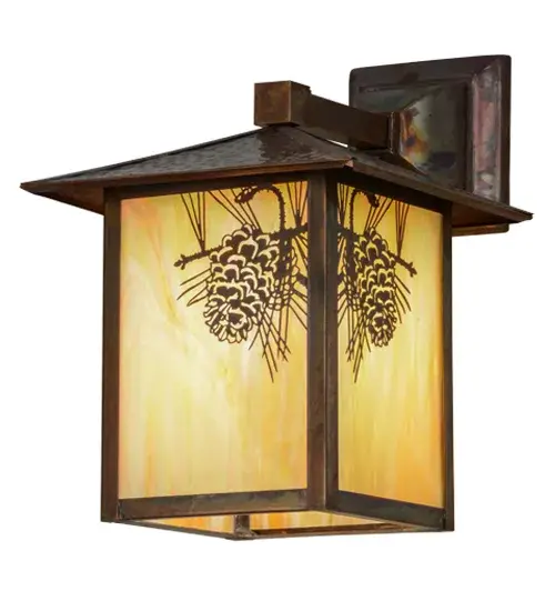 Delicately etched of Solid Brass, Pinecones are featured on stunning featured stunning Beige Iridescent art glass. Pinecones serve as a symbolic representation of a gland in our brain that is linked to our perception of light. Rustic charm comes alive with soft warm ambient light with this nature inspired fixture, which is enhanced by Vintage Copper finished hardware. Ideal for both exterior and interior lighting applications, this fixture is handcrafted by Meyda artisans in our manufacturing facility at the foothills of the Adirondack Mountains. Collection: Seneca Finish: Vintage Copper Glass: Beige Iridescent Glass Width: 9.00" Height: 12.00" Length: 12.50" Weight: 5.00 lb Extension from Wall: 12.50" Number of Bulbs: 1 Maximum Wattage: 60.00 W Bulb Type: A19 Bulb Base: Medium Material: Brass Country of Origin: USA Safety Listing: Wet Safety Rating: Wet - alternate view