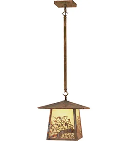 An Apple Branch accents this handsome American Craftsman lantern style one light pendant. The fixture; handcrafted in the USA by Meyda artisans; is finished in Vintage Copper and has Beige glass panels.