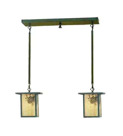 Pine Cone laden branches accent this handsome American Craftsman lantern style two light pendant. The fixture; handcrafted in the USA by Meyda artisans; has an Antique finish and has Beige glass panels.