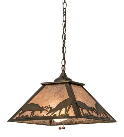 The natural charm of wildlife is captured beautifully with this striking pendant fixture design that features two young bucks sparring on the grassland while the late afternoon sun sets in the distance.Beautiful ambient lighting is created by a stunning Silver Mica shade; which is enhanced by the decorative accents; frame and matching hardware featured in an Antique Copper finish. Use this fixture in any room to make striking rustic design statement. Handcrafted in the Meyda manufacturing facility at the foothills of the majestic Adirondack Mountains; this fixture is also offered in additional wildlife and custom designs; as well as with dimmable energy efficient lamping options.The pendant is UL and cUL listed for damp and dry locations. - alternate view