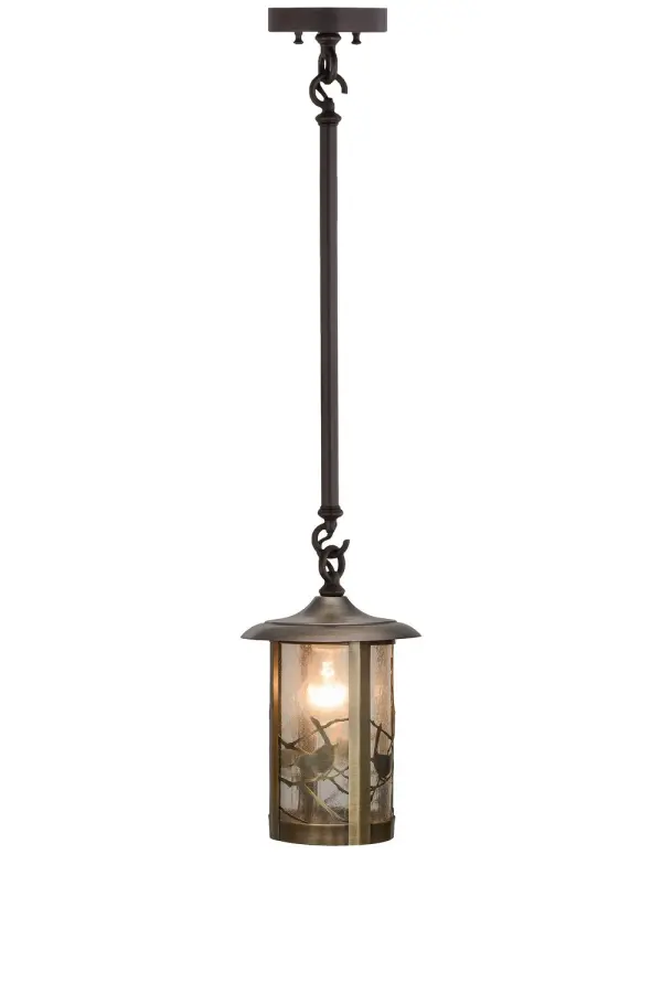 Branches with Song Bird silhouettes accent this handsome American Craftsman lantern style one light pendant. The fixture, handcrafted in the USA by Meyda artisans, has an Antique finish and has Clear Seedy glass panels. Collection: Fulton Finish: Antique Brass Glass: Antique Clear Seeded Glass Width: 8.00" Height: 31.00" Length: 8.00" Weight: 3.00 lb Number of Bulbs: 1 Maximum Wattage: 60.00 W Bulb Type: A19 Bulb Base: E26 Material: Steel Country of Origin: USA Safety Listing: Damp Safety Rating: Damp