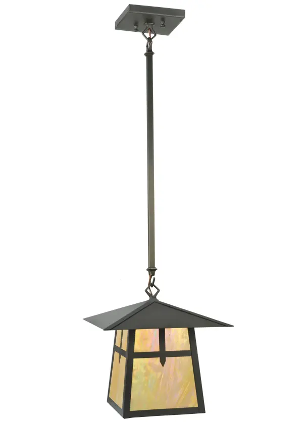 The Cross Mission has Arts and Crafts style crossed bars that accents this handsome American Craftsman lantern style one light pendant. The fixture; handcrafted in the USA by Meyda artisans; is finished in Craftsman Brown and has Iridized Beige glass panels.
