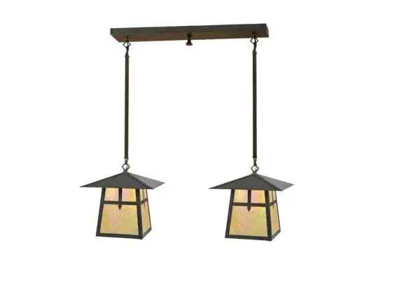 The Cross Mission has Arts and Crafts style crossed bars that accents this handsome American Craftsman lantern style two light pendant. The fixture, handcrafted in the USA by Meyda artisans, is finished in Craftsman Brown and has Iridized Beige glass panels. Collection: Stillwater Finish: Craftsman Brown Glass: Craftsman Beige Iridescent Glass Width: 11.50" Height: 33.00" Length: 31.00" Extension from Wall: 4.50" Number of Bulbs: 2 Maximum Wattage: 60.00 W Bulb Type: A19 Bulb Base: E26 Material: Metal Or Polyresin Country of Origin: USA Safety Listing: Damp Safety Rating: Damp