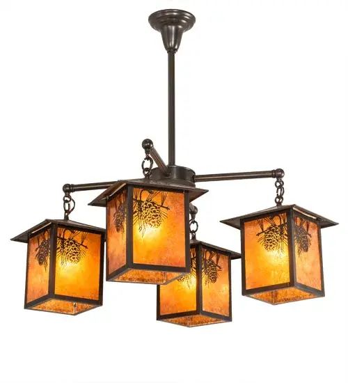 Pine Cone laden branches accent this handsome American Craftsman lantern style four light chandelier. The fixture, handcrafted in the USA by Meyda artisans, is finished in Craftsman Brown and has Amber mica panels. Collection: Seneca Finish: Craftsman Brown Craftsman Brown Glass: Amber Mica Width: 32.00" Height: 31.00" Length: 32.00" Weight: 14.00 lb Number of Bulbs: 4 Maximum Wattage: 60.00 W Bulb Type: A19 Bulb Base: E26 Material: Brass Country of Origin: USA Safety Listing: Damp Safety Rating: Damp - alternate view