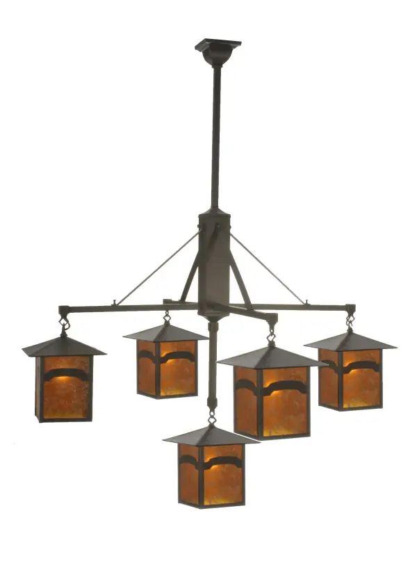 An abstract mountainside design comes to light with these striking Solid Brass lanterns, which feature Amber Mica diffusers embraced by a cross-bar styled frame. The luminaires are complemented with hardware and accents featured in a warm Craftsman Brown finish. This Craftsman Signature fixture is handcrafted by Meyda artisans in our Yorkville, New York manufacturing facility, at the foothills of the glorious Adirondack Mountains. Custom styles, colors and sizes are available, as well as dimmable energy efficient lamping options. This fixture is UL and cUL listed for damp and dry locations. Collection: Seneca Finish: Craftsman Brown Craftsman Brown Glass: Amber Mica Width: 37.00" Height: 55.00" Length: 37.00" Weight: 23.00 lb Number of Bulbs: 5 Maximum Wattage: 100.00 W Bulb Type: A19 Bulb Base: Medium Material: Metal Country of Origin: USA Safety Listing: Damp Safety Rating: Damp