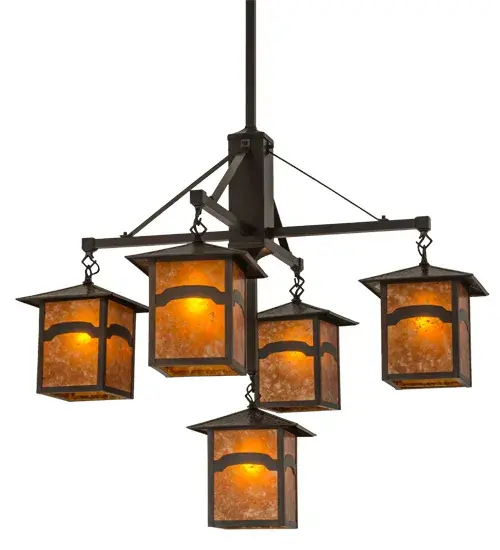 An abstract mountainside design comes to light with these striking Solid Brass lanterns, which feature Amber Mica diffusers embraced by a cross-bar styled frame. The luminaires are complemented with hardware and accents featured in a warm Craftsman Brown finish. This Craftsman Signature fixture is handcrafted by Meyda artisans in our Yorkville, New York manufacturing facility, at the foothills of the glorious Adirondack Mountains. Custom styles, colors and sizes are available, as well as dimmable energy efficient lamping options. This fixture is UL and cUL listed for damp and dry locations. Collection: Seneca Finish: Craftsman Brown Craftsman Brown Glass: Amber Mica Width: 37.00" Height: 55.00" Length: 37.00" Weight: 23.00 lb Number of Bulbs: 5 Maximum Wattage: 100.00 W Bulb Type: A19 Bulb Base: Medium Material: Metal Country of Origin: USA Safety Listing: Damp Safety Rating: Damp - alternate view