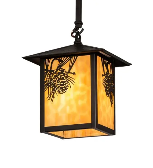 Pine Cone laden branches accent this handsome American Craftsman lantern style one light pendant. The fixture; handcrafted in the USA by Meyda artisans; is finished in Craftsman Brown and has Beige glass panels. - alternate view
