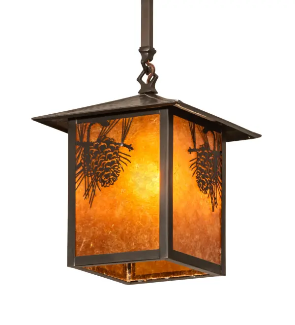 Pine Cone laden branches accent this handsome American Craftsman lantern style one light pendant. The fixture, handcrafted in the USA by Meyda artisans, is finished in Craftsman Brown and has Amber mica panels. Collection: Seneca Finish: Craftsman Brown Craftsman Brown Glass: Amber Mica Width: 13.00" Height: 32.50" Length: 9.00" Weight: 4.00 lb Number of Bulbs: 1 Maximum Wattage: 60.00 W Bulb Type: A19 Bulb Base: E26 Material: Brass Country of Origin: USA Safety Listing: Damp Safety Rating: Damp