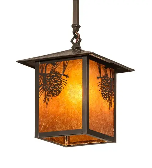 Pine Cone laden branches accent this handsome American Craftsman lantern style one light pendant. The fixture, handcrafted in the USA by Meyda artisans, is finished in Craftsman Brown and has Amber mica panels. Collection: Seneca Finish: Craftsman Brown Craftsman Brown Glass: Amber Mica Width: 13.00" Height: 32.50" Length: 9.00" Weight: 4.00 lb Number of Bulbs: 1 Maximum Wattage: 60.00 W Bulb Type: A19 Bulb Base: E26 Material: Brass Country of Origin: USA Safety Listing: Damp Safety Rating: Damp - alternate view