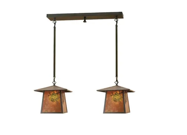 Pine Cone laden branches accent this handsome American Craftsman lantern style two light pendant. The fixture, handcrafted in the USA by Meyda artisans, is finished in Craftsman Brown and has Amber mica panels. Collection: Seneca Finish: Craftsman Brown Glass: Craftsman Amber Mica Width: 9.00" Height: 32.50" Length: 28.00" Weight: 4.50 lb Number of Bulbs: 2 Maximum Wattage: 60.00 W Bulb Type: A19 Bulb Base: E26 Material: Steel Country of Origin: USA Safety Listing: Damp Safety Rating: Damp