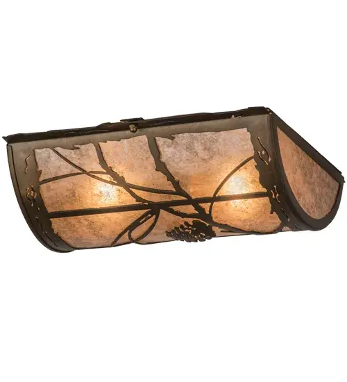 Listen closely. You can almost hear the soft whisper of the pine branches as they dance in the wind. Enjoy the ambiance of soft beautiful light diffused through Silver Mica, which features stunning pinecone and pine branch designs in an Antique Copper finish. The fixture is handcrafted by Meyda artisans in Yorkville, New York at the foothills of the Adirondack Mountains. Custom sizes, styles and designs are available, as well as dimmable energy efficient lamping options. The fixture is UL and cUL listed for damp and dry locations. Collection: Whispering Pines Finish: Antique Copper Glass: Silver Mica Width: 10.50" Height: 3.50" Length: 12.00" Weight: 4.00 lb Extension from Wall: 10.50" Number of Bulbs: 2 Maximum Wattage: 40.00 W Bulb Type: A19 Bulb Base: E26 Material: Steel Country of Origin: USA Safety Listing: Damp Safety Rating: Damp - alternate view