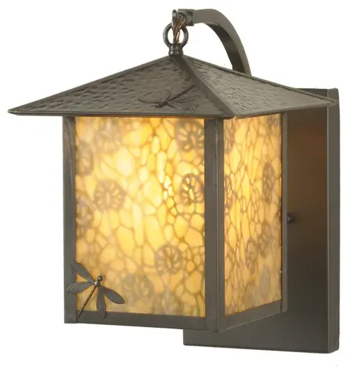 A charming Dragonfly darts in front of a Lotus Leaf silhouette on this handsome American Craftsman lantern style curved arm wall sconce. The fixture; handcrafted in the USA by Meyda artisans; is finished in Craftsman Brown and has Beige glass panels.