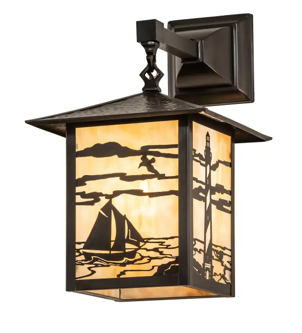 A steadfast Lighthouse stands watch at the edge of the sea on this handsome American Craftsman lantern style hanging wall sconce. The fixture; handcrafted in the USA by Meyda artisans; is finished in Craftsman Brown and has Beige glass panels.