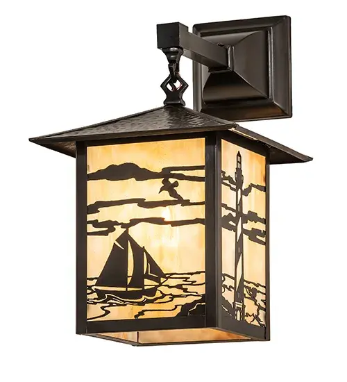 A steadfast Lighthouse stands watch at the edge of the sea on this handsome American Craftsman lantern style hanging wall sconce. The fixture; handcrafted in the USA by Meyda artisans; is finished in Craftsman Brown and has Beige glass panels. - alternate view