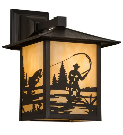 Fishing enthusiasts will cast their lines in delight for this striking lighting design; which features a trout leaping out of the lake as the late morning sun washes warm ambient light through Beige art glass. The stunning diffuser is complemented with decorative accents and hardware finished in a warm Craftsman Brown. The wall fixture is perfect for both indoor and outdoor applications and handcrafted in the Meyda manufacturing facility at the foothills of the Adirondack Mountain lake country; in the USA. Custom sizes; styles and colors are available; as well as dimmable energy efficient lamping options. UL and cUL listed for dry; damp and wet locations.. - alternate view