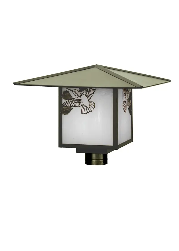 A delightful Hummingbird flies on this Post Mount's clean; White stained art glass shade; which is completed with Craftsman Brown finished hardware. UL Listed for wet locations; this outdoor lantern is crafted by Meyda Tiffany artisans in The USA.