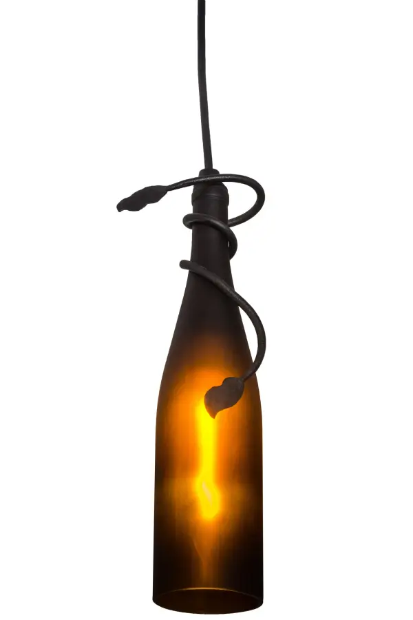 This unique and handsome Meyda Wine Bottle Pendant will enhance the atmosphere in a restaurant, club or home with a distinctive design and beautiful ambient light. Place the pendant in multiples across a bar, island, counter and other areas for a striking effect. The wine bottle is accented with a graceful metal vine and leaf finished in Black. The fixture is handcrafted in the USA by Meyda artisans. Custom options include sizes, styles, finishes and lamping of your choice. Collection: Tuscan Vineyard Finish: Textured Black Glass: Frosted Amber Glass Width: 5.00" Height: 15.00" Length: 5.00" Weight: 2.00 lb Extension from Wall: 5.00" Number of Bulbs: 1 Maximum Wattage: 40.00 W Bulb Type: T6.5 Bulb Base: E17 Material: Steel Country of Origin: USA Safety Listing: Damp Safety Rating: Damp