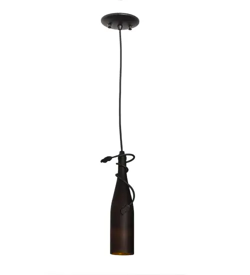 This unique and handsome Meyda Wine Bottle Pendant will enhance the atmosphere in a restaurant, club or home with a distinctive design and beautiful ambient light. Place the pendant in multiples across a bar, island, counter and other areas for a striking effect. The wine bottle is accented with a graceful metal vine and leaf finished in Black. The fixture is handcrafted in the USA by Meyda artisans. Custom options include sizes, styles, finishes and lamping of your choice. Collection: Tuscan Vineyard Finish: Textured Black Glass: Frosted Amber Glass Width: 5.00" Height: 15.00" Length: 5.00" Weight: 2.00 lb Extension from Wall: 5.00" Number of Bulbs: 1 Maximum Wattage: 40.00 W Bulb Type: T6.5 Bulb Base: E17 Material: Steel Country of Origin: USA Safety Listing: Damp Safety Rating: Damp - alternate view