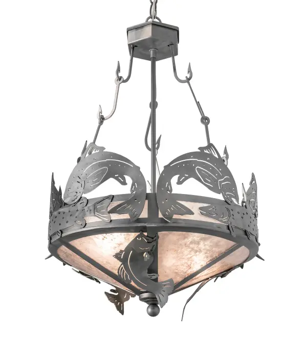 Trout Bass and Pike are the Catch of the Day on this inverted pendant handcrafted in the USA by Meyda artisans. This original fixture is suspended from fishhook chains; is finished in Steel and has Silver mica panels.