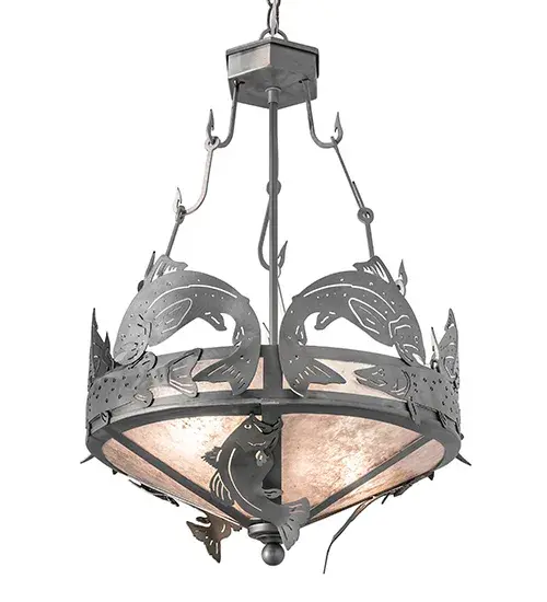 Trout Bass and Pike are the Catch of the Day on this inverted pendant handcrafted in the USA by Meyda artisans. This original fixture is suspended from fishhook chains; is finished in Steel and has Silver mica panels. - alternate view