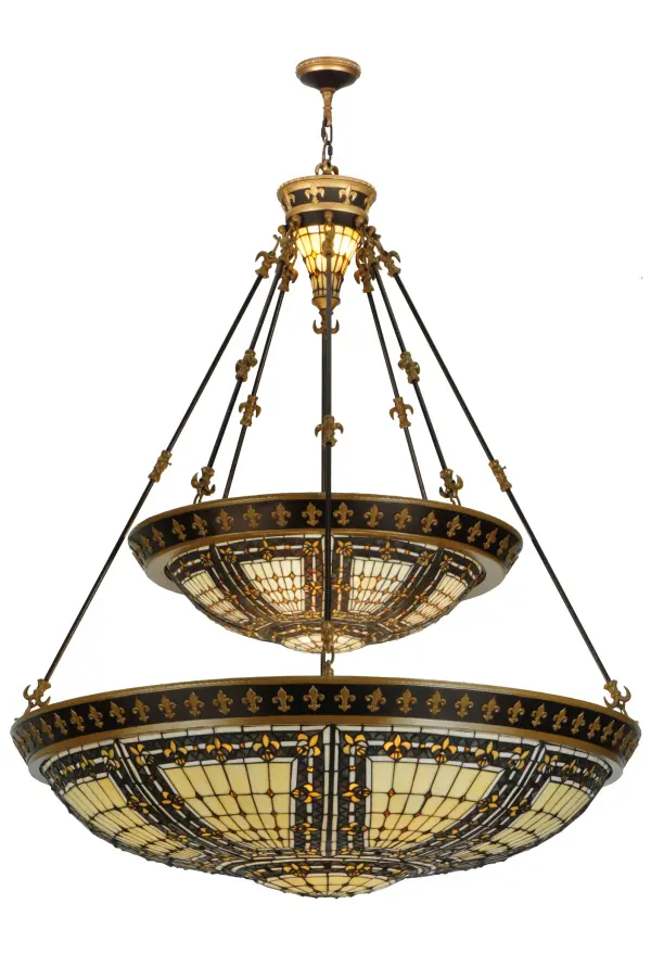 A Meyda Tiffany original design, the Fleur-de-Lis inverted pendant is an intricate design of Golden stylized tri-petaled irises and Amber colored jewels against bands of Twilight and Beige. Reminiscent of castle and cathedral glass, the fleur-de-lis pattern holds a prominent place in French Heraldry. Intricately detailed hardware, hand finished in Mahogany Bronze with Antique Gold accents, cradles a stained glass shade and lighted hub which are hand crafted utilizing the copperfoil construction process. " Collection: Fleur-De-Lis Finish: Nu Gold & Copper Vein Glass: Ba Ha Jp Width: 45.00" Height: 60.00" Length: 45.00" Weight: 90.00 lb Number of Bulbs: 8 Maximum Wattage: 60.00 W Bulb Type: A19 Bulb Base: E26 Material: Metal Or Polyresin Country of Origin: CHINA Safety Listing: Damp Safety Rating: Damp