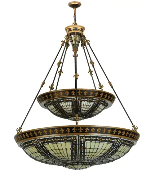 A Meyda Tiffany original design, the Fleur-de-Lis inverted pendant is an intricate design of Golden stylized tri-petaled irises and Amber colored jewels against bands of Twilight and Beige. Reminiscent of castle and cathedral glass, the fleur-de-lis pattern holds a prominent place in French Heraldry. Intricately detailed hardware, hand finished in Mahogany Bronze with Antique Gold accents, cradles a stained glass shade and lighted hub which are hand crafted utilizing the copperfoil construction process. " Collection: Fleur-De-Lis Finish: Nu Gold & Copper Vein Glass: Ba Ha Jp Width: 45.00" Height: 60.00" Length: 45.00" Weight: 90.00 lb Number of Bulbs: 8 Maximum Wattage: 60.00 W Bulb Type: A19 Bulb Base: E26 Material: Metal Or Polyresin Country of Origin: CHINA Safety Listing: Damp Safety Rating: Damp - alternate view