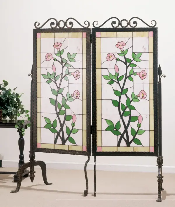 Home decor never looked so beautiful. Exquisite Pink flowers on Brown vines with Green leaves stretch upwards towards the sun, on a Lavender tiled design art glass background surrounded by Beige and Pink colored tiles. The Geradia 2 Panel Room Divider is featured in our American designed, handmade Stained Glass Room Divider Collection. Collection: Geradia Finish: Antique Copper Glass: Roomdivider Width: 52.00" Height: 63.00" Length: 22.00" Weight: 102.00 lb Extension from Wall: 5.50" Number of Bulbs: 2 Bulb Type: TBD Bulb Base: Candelabra Material: Steel Country of Origin: CHINA Safety Listing: Dry Safety Rating: Dry