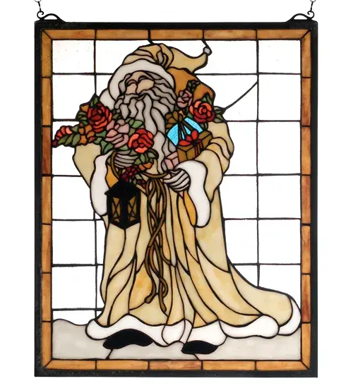 Meyda Tiffany's Father Christmas Window is a beautiful piece of original artwork perfect for gift-giving season and beyond. Handcrafted utilizing the copperfoil construction process and 358 pieces of stained art glass encased in a solid brass frame; each window is a unique creation to be forever treasured. Mounting bracket and jack chain included.