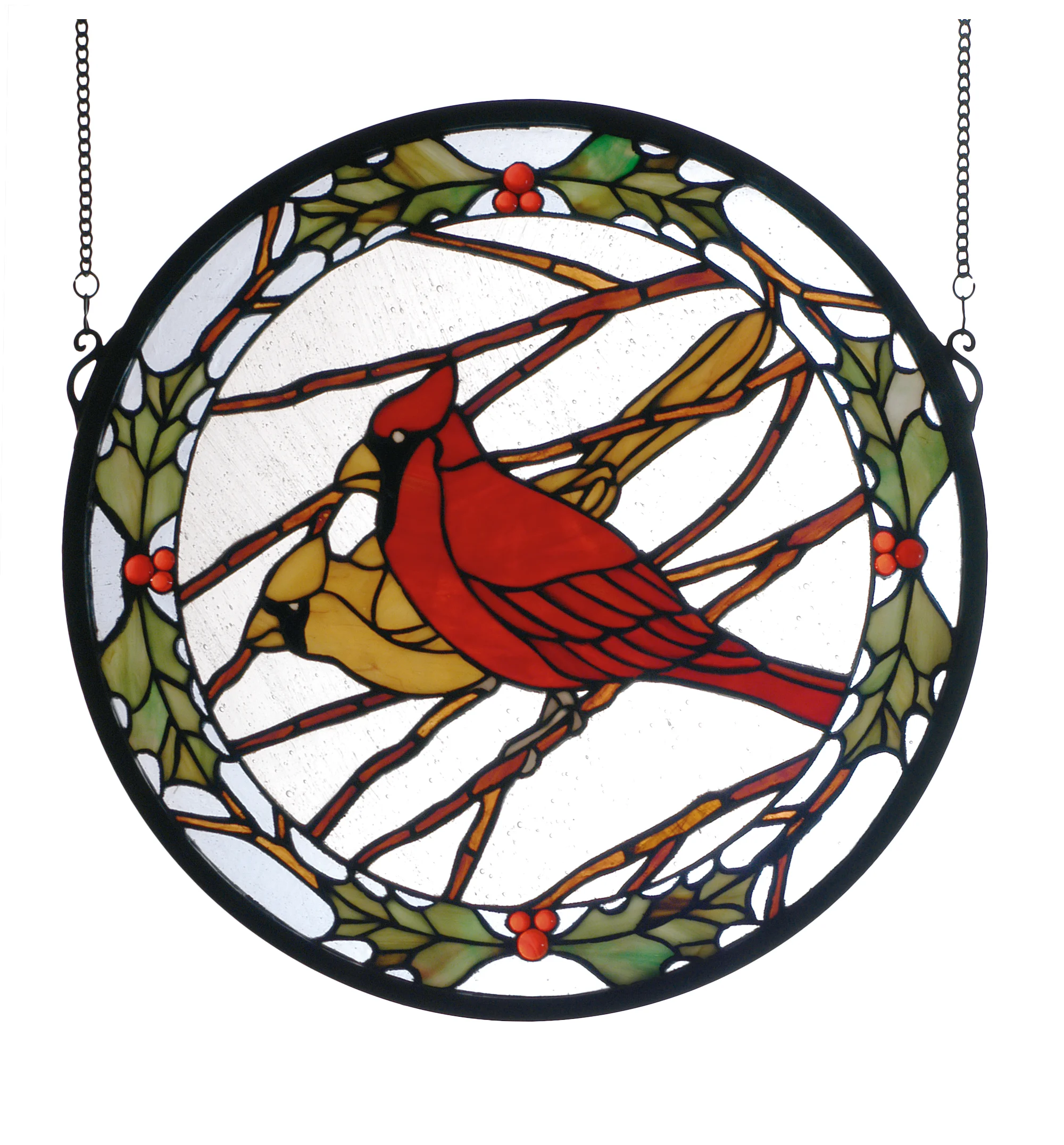 15"W X 15"H Cardinals & Holly Stained Glass Window