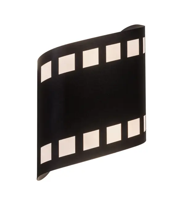 Lights; camera; action! Recreating a nostalgic strip of transparencies used to project motion or still pictures; this eye-catching lighting design features celluloid details in White Mylar cutouts with Black finished steel hardware. This unique wall fixture was custom crafted by Meyda artisans in Central New York in the USA. Dimmable energy efficient lamping options; along with custom sizes; styles and colors; are available.