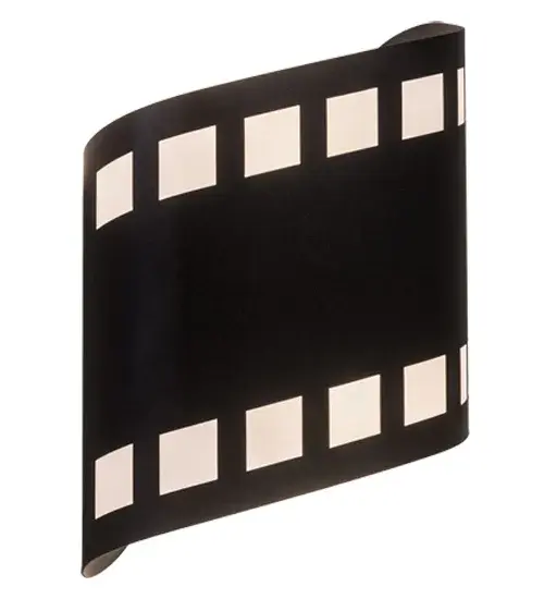 Lights; camera; action! Recreating a nostalgic strip of transparencies used to project motion or still pictures; this eye-catching lighting design features celluloid details in White Mylar cutouts with Black finished steel hardware. This unique wall fixture was custom crafted by Meyda artisans in Central New York in the USA. Dimmable energy efficient lamping options; along with custom sizes; styles and colors; are available. - alternate view