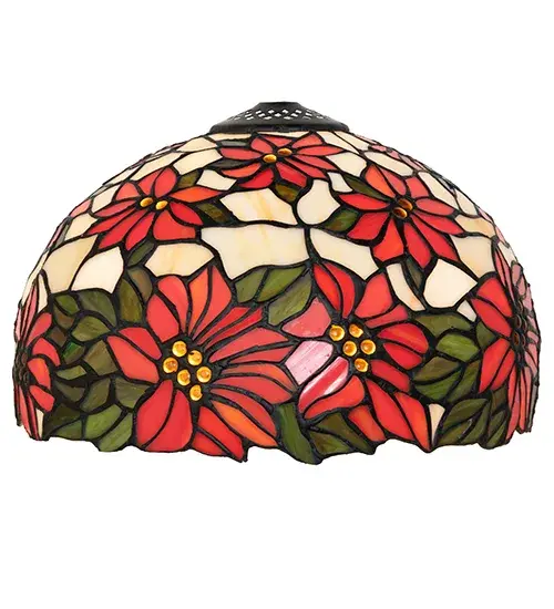 Russet Poinsettia flowers against Bay Green leaves and a Bone background grace this beautiful stained glass shade. This floral arrangement's warm; vibrant colors are created using the famous Meyda Tiffany copperfoil construction technique. The shade pairs well with a base to create a table lamp or is matched with hardware to build a beautiful ceiling fixture. This lighting design was inspired by Poinsettia plant farms from Tabernacle; New Jersey; to Bethlehem; Pennsylvania; and Ventura; California. The Poinsettia Shade is featured in our American-designed; handcrafted Stained Glass Collection. Each shade is a unique work of art with color variations based on natural ingredients inherent in the glass. - alternate view