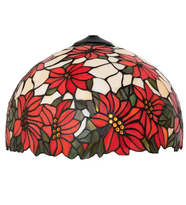 Russet and Orange Poinsettia flowers against Bay Green leaves and a Bone colored background grace this beautiful stained glass shade. This floral arrangement's vibrant tones are created using the famous Meyda Tiffany copperfoil construction technique. The shade pairs well with a base to create a table lamp or is matched with hardware to build a beautiful ceiling fixture. This lighting design was inspired by Poinsettia plant farms from Tabernacle; New Jersey; to Bethlehem; Pennsylvania; and Ventura; California. The Poinsettia Shade is featured in our American-designed; handcrafted Stained Glass Collection. Each shade is a unique work of art with color variations based on natural ingredients inherent in the glass.