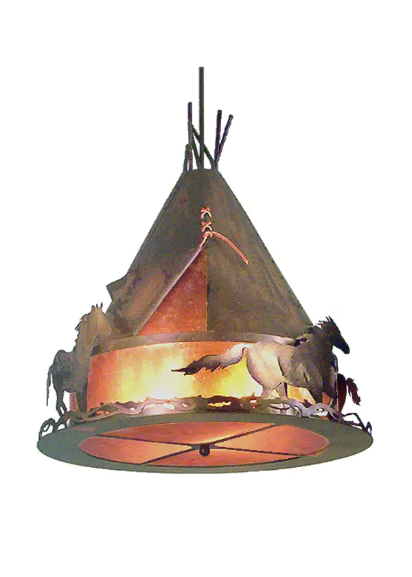 This unique pendant fixture features Wild horses surrounding a Native American Teepee. This rustic fixture is finished in Antique Copper and has Amber mica panels.