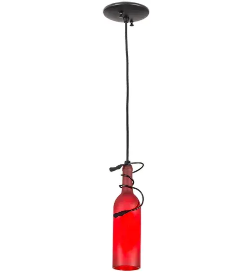 A hand forged vine and leaf coil are featured around the neck of this stunning Frosted Red wine bottle. Your connoisseur will appreciate the detail and vintage of this charming accent mini pendant. The hardware and decorative accents are hand finished in Black. Place across a bar, island, counter or table to make an emphatic design statement. Handcrafted in the USA by our artisans, the fixture is offered in custom styles, colors and sizes are available. Energy efficient lamping options are offered. The fixture is UL and cUL listed in damp and dry locations. Collection: Tuscan Vineyard Finish: Textured Black Glass: Red Notes: Custom Crafted In Yorkville, New York Please Allow 50 Days Width: 4.00" Height: 13.00" Length: 4.00" Weight: 1.50 lb Number of Bulbs: 1 Maximum Wattage: 40.00 W Bulb Type: T6.5 Bulb Base: E17 Material: Metal Country of Origin: USA Safety Listing: Damp Safety Rating: Damp - alternate view