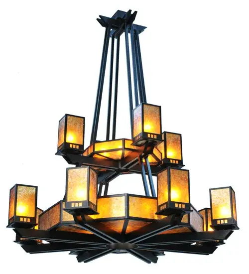 The Avondale Chandelier is illuminated by 60watt medium base A19 light bulbs in each 6W x 9"H shade. The 42" bottom is illuminated by 8 60wt medium base A19 light bulbs. The 21" top is illuminated by 8 60wt candleabra base light bulbs. All the light is diffused softly through natural amber mica to emit a warm glow. The light emits upward in an undiffused fashion. " Collection: Avondale Finish: Black Glass: Amber Mica Width: 58.00" Height: 78.00" Length: 58.00" Weight: 6.00 lb Number of Bulbs: 24 Maximum Wattage: 60.00 W Bulb Type: A19 Bulb Base: E26 Material: Steel Country of Origin: USA Safety Listing: Dry Safety Rating: Damp