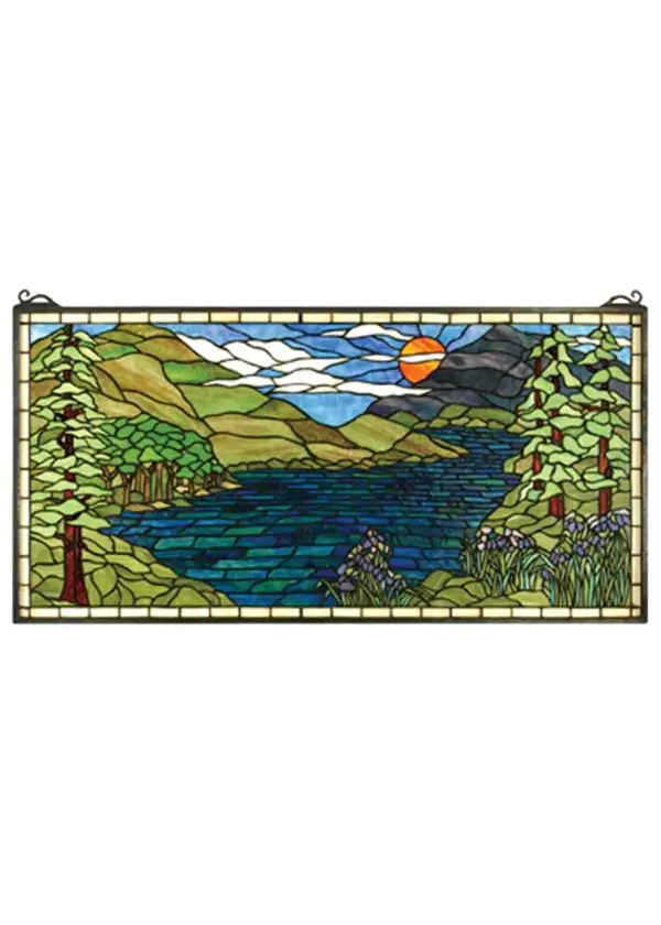 Instantly transport yourself from your home to the heart of the Adirondacks when viewing this stained glass window from Meyda Tiffany. This tranquil lakeside summer scene with iris in bloom is a Nancy Parker original design handcrafted using LC Tiffany's time-honored copperfoil construction technique. Collection: Sunset Meadow Finish: Red Rust Glass: Eb La 59 Ka Ca Oa Ba Width: 40.00" Height: 20.00" Length: 40.00" Weight: 14.00 lb Number of Bulbs: 4 Bulb Type: TBD Bulb Base: Medium Material: Brass Country of Origin: CHINA Safety Listing: Dry Safety Rating: Dry