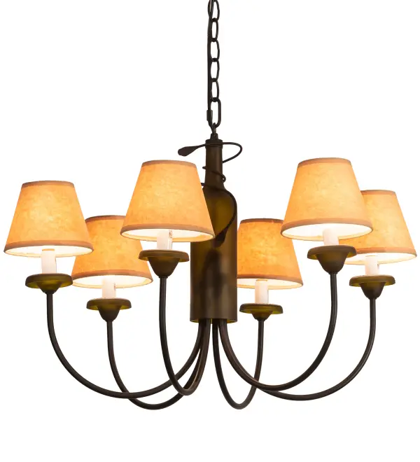 Capture the life of any party with authentic wine bottle lighting... so much fun that you may want to hang from this chandelier; but don't. The fixture does so much more than deliver light; it adds personality and pizazz to any interior. Perfect for homes; restaurants; hotels; pubs; nightclubs; wineries; and fine retailers. Custom crafted with an authentic Antique Green Glass Wine Bottle; which is attached to sturdy hardware featured in a Textured Black finish. The wine bottle is enhanced with six elegant Parchment shades that crown Ivory faux candlelights. The overall height ranges from 20 to 55 inches; as the chain can be easily adjusted in the field to meet your exact lighting requirements. The Tuscan Vineyard Wine Bottle Chandelier is included in our American-made; American-designed; handcrafted Wine Bottle Lighting Collection and manufactured in Yorkville; New York. UL and cUL listed for dry and damp locations; however; we do not recommend placing it in spaces that experience a large amount of moisture due to the fabric shades.