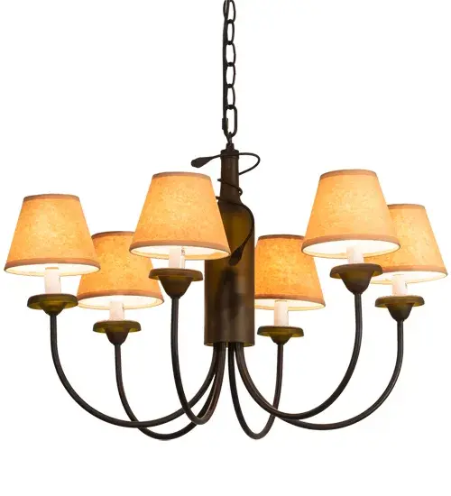 Capture the life of any party with authentic wine bottle lighting... so much fun that you may want to hang from this chandelier; but don't. The fixture does so much more than deliver light; it adds personality and pizazz to any interior. Perfect for homes; restaurants; hotels; pubs; nightclubs; wineries; and fine retailers. Custom crafted with an authentic Antique Green Glass Wine Bottle; which is attached to sturdy hardware featured in a Textured Black finish. The wine bottle is enhanced with six elegant Parchment shades that crown Ivory faux candlelights. The overall height ranges from 20 to 55 inches; as the chain can be easily adjusted in the field to meet your exact lighting requirements. The Tuscan Vineyard Wine Bottle Chandelier is included in our American-made; American-designed; handcrafted Wine Bottle Lighting Collection and manufactured in Yorkville; New York. UL and cUL listed for dry and damp locations; however; we do not recommend placing it in spaces that experience a large amount of moisture due to the fabric shades. - alternate view